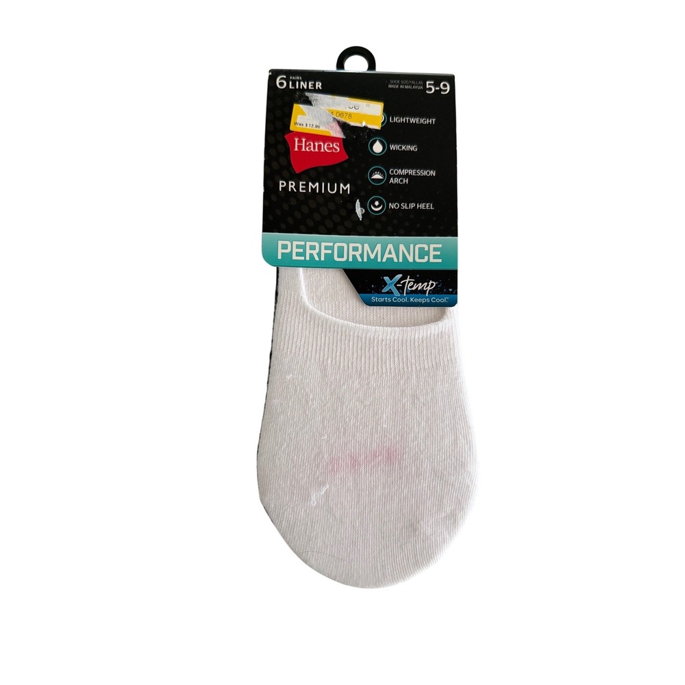 Hanes Premium Performance X-Temp‎ Liner Socks 6 Pair White Black 5-9 WP923